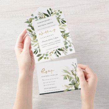 eucalyptus green gold foliage watercolor wedding   all in one invitation