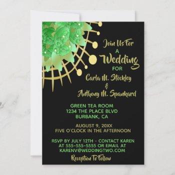 eucalyptus greenery art deco black & gold wedding invitation