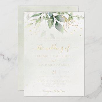 eucalyptus greenery gold leaves botanical wedding foil invitation