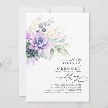 eucalyptus greenery succulents and gold wedding invitation