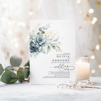 eucalyptus greenery succulents and gold wedding invitation
