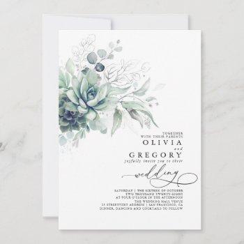 eucalyptus greenery succulents and silver wedding invitation