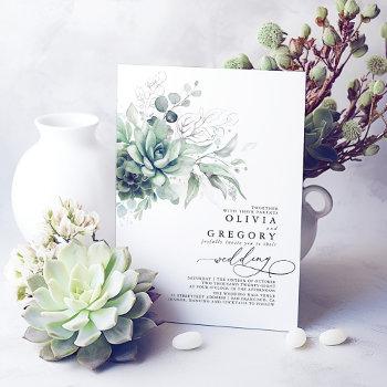 eucalyptus greenery succulents and silver wedding invitation