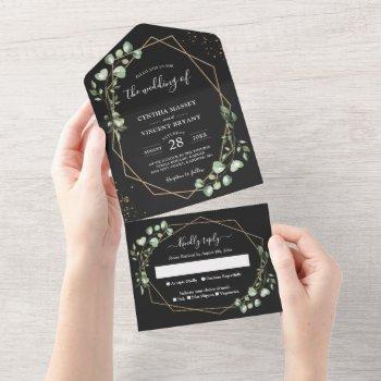 eucalyptus leaves geometric black gold wedding all in one invitation