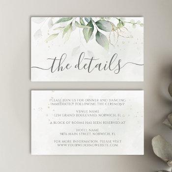 Small Eucalyptus Leaves Greenery Gold Elegant Wedding Enclosure Card Front View