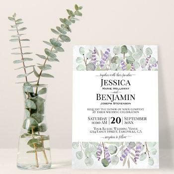 eucalyptus leaves lavender flowers rustic wedding invitation