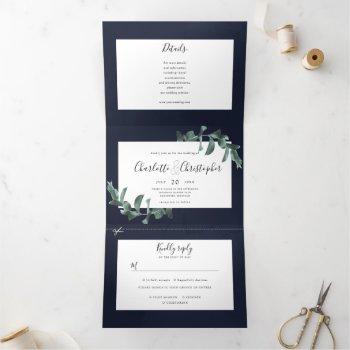 Small Eucalyptus Watercolor Navy Blue All In One Wedding Tri-fold Front View