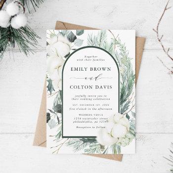 evergreen & cotton flowers elegant wedding invitation