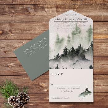 evergreen mountain mist rustic winter white gray all in one invitation