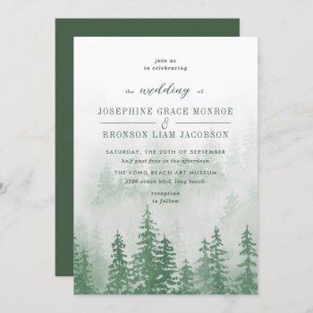 evergreens in the fog forest in green wedding invitation