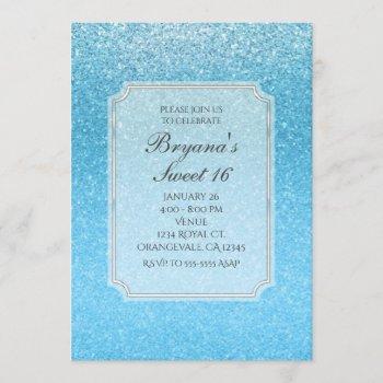 fairy tale blue glitter sweet 16 party invitations