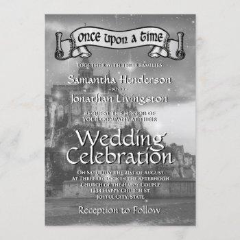 fairy tale castle wedding invitation black & white