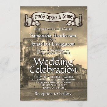 fairy tale castle wedding invitation sepia