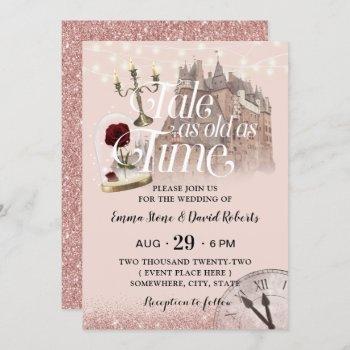 fairytale castle modern blush rose gold wedding invitation
