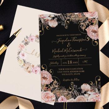 fall black blush pink watercolor floral gold rose  invitation