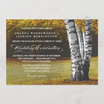 fall carved heart birch tree wedding invitations