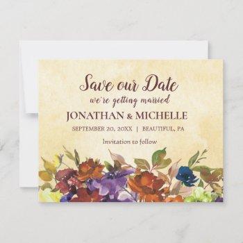 Small Fall Floral Purple Burnt Orange Yellow Wedding Save The Date Front View