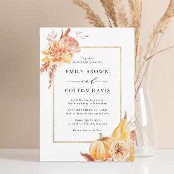 fall gold floral pumpkin rustic wedding  invitation