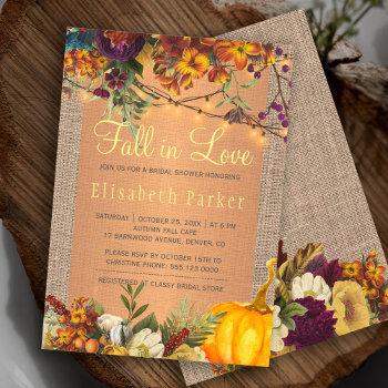 fall in love autumn floral burlap bridal shower invitation