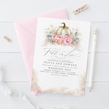fall in love elegant wedding pink flowers pumpkin invitation