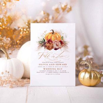 fall in love elegant wedding rust flowers pumpkin invitation