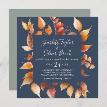 Small Fall Leaves | Navy Blue & Burgundy Square Wedding Front View