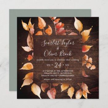 Small Fall Leaves | Rustic Brown Wood Square Wedding Front View