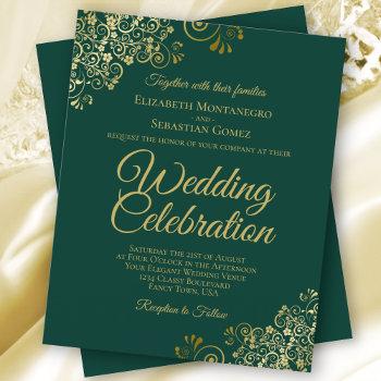 Small Fancy Emerald Green & Gold Budget Wedding Invite Front View