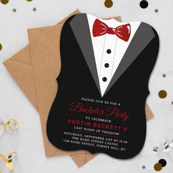 fancy red glitter tuxedo bachelor party invitation