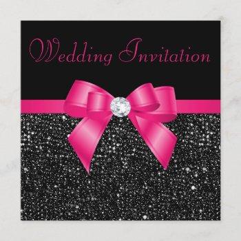 faux black sequins hot pink bow wedding invitation