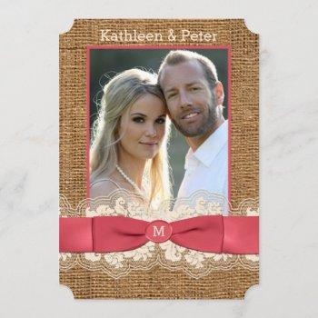 Small Faux Burlap, Lace, Bow Photo Wedding Invite - Pink Front View
