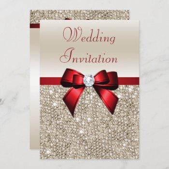 faux champagne sequins red bow wedding invitation
