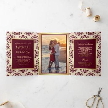faux gold foil burgundy damask wedding photo tri-fold invitation