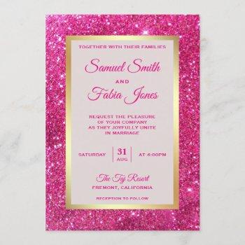 faux gold foil hot pink glitter wedding invitation
