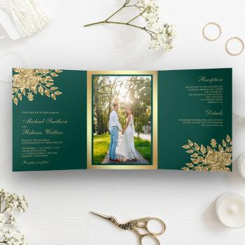 Small Faux Gold Foil Leaves Floral Teal Green Wedding Tri-fold Front View