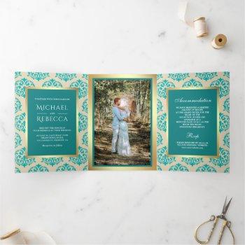 Small Faux Gold Foil Teal Damask Wedding Photo Tri-fold Front View