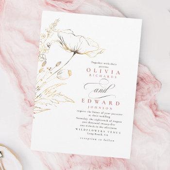 faux gold foil wildflowers dusty pink wedding invitation