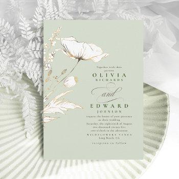 faux gold foil wildflowers sage green wedding invitation