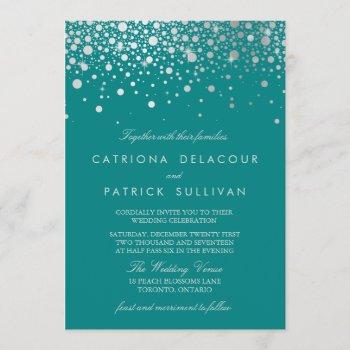 faux silver foil confetti dots teal wedding invitation