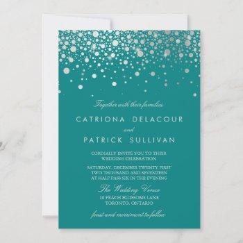 faux silver foil confetti dots teal wedding invitation