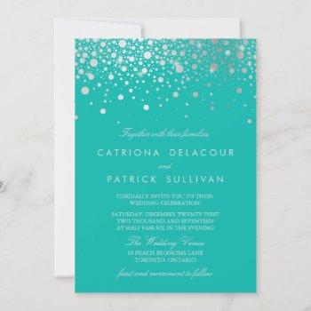 faux silver foil confetti dots turquoise wedding invitation
