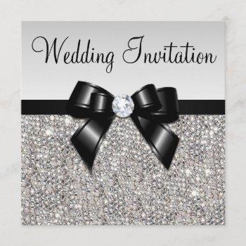 faux silver sequins diamonds black bow wedding invitation