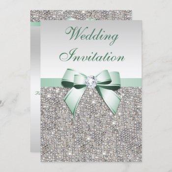 faux silver sequins diamonds mint bow wedding invitation