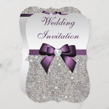 faux silver sequins diamonds purple bow wedding invitation