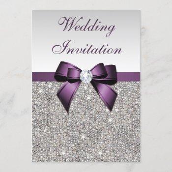 faux silver sequins diamonds purple bow wedding invitation