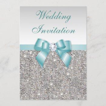 faux silver sequins diamonds teal bow wedding invitation