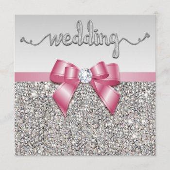 faux silver sequins pink bow wedding invitation