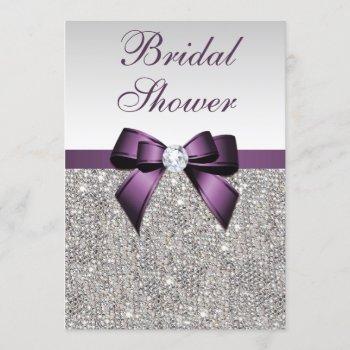 faux silver sequins purple bow bridal shower invitation