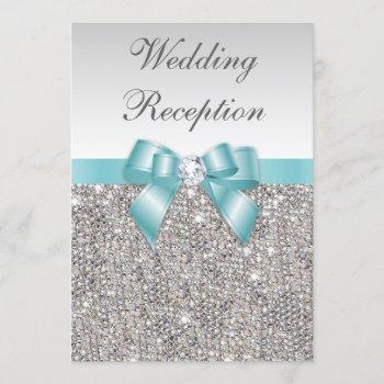 faux silver sequins teal bow wedding reception invitation
