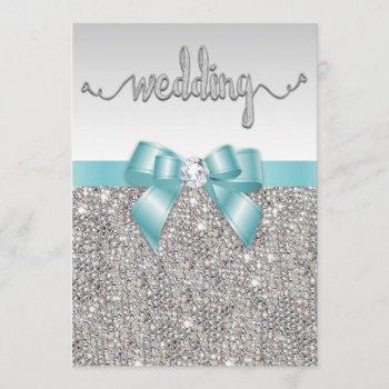 faux silver sequins teal bow wedding typography invitation
